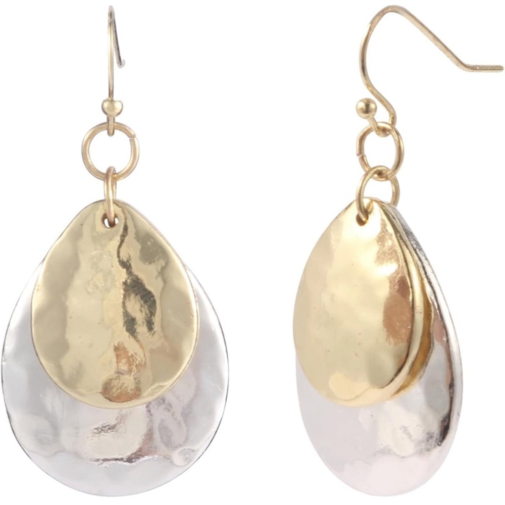 Private Label Gold & Silver Layered Hammered Teardrop Dangle Earrings
